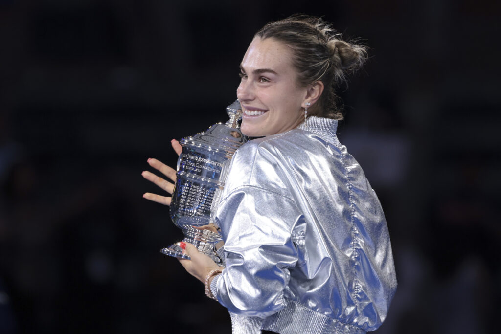 Aryna Sabalenka of Belarus celebrates during the podium ceremony after winning against Amanda Anisimova of USA during their Women's Singles Final match on day fourteen of the 2025 US Open Tennis Championships at USTA Billie Jean King National Tennis Center on September 6, 2025 in Flushing Meadows, Queens, New York City.