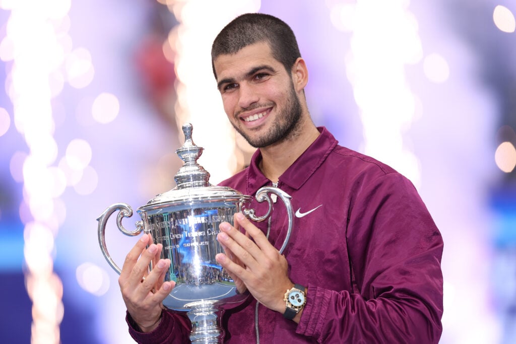 Carlos Alcaraz of Spain poses with his trophy after defeating Jannik Sinner of Italy during their Men's Singles Final match on Day Fifteen of the 2025 US Open at USTA Billie Jean King National Tennis Center on September 07, 2025 in New York City.