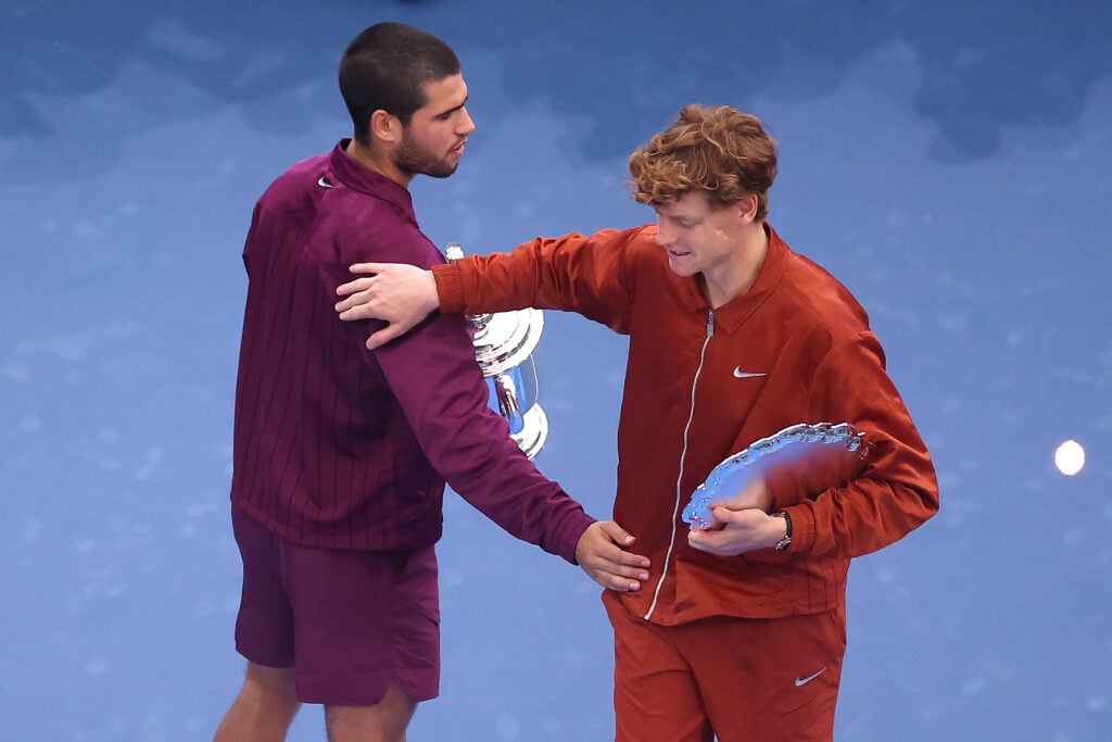 Jannik Sinner of Italy (R) congratulates Carlos Alcaraz of Spain (L) following their Men's Singles Final match on Day Fifteen of the 2025 US Open at USTA Billie Jean King National Tennis Center on September 07, 2025 in New York City.