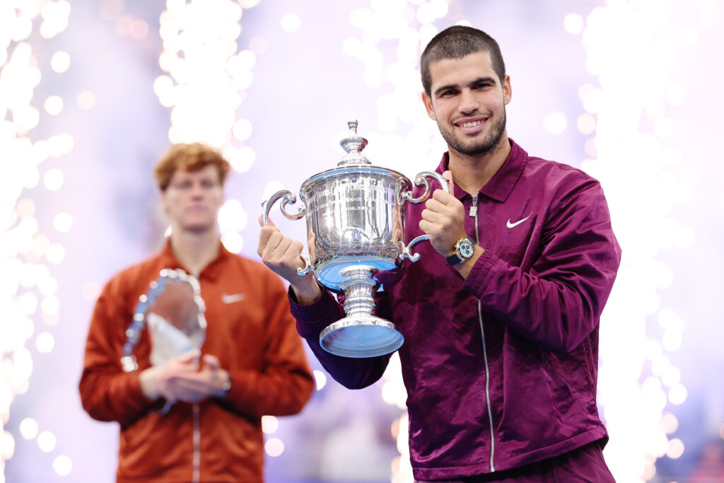Carlos Alcaraz of Spain poses with his trophy after defeating Jannik Sinner of Italy during their Men's Singles Final match on Day Fifteen of the 2025 US Open at USTA Billie Jean King National Tennis Center on September 07, 2025 in New York City.