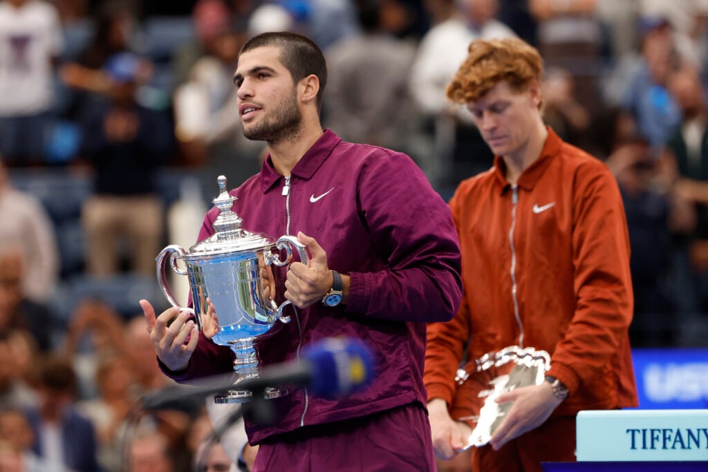 Winner Carlos Alcaraz of Spain, finalist Jannik Sinner of Italy during the podium ceremony following the Men's Singles Final match on day fifteen of the 2025 US Open Tennis Championships at USTA Billie Jean King National Tennis Center on September 7, 2025 in Flushing Meadows, Queens, New York City.