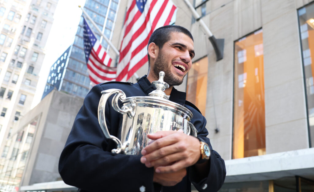 US Open 2025 Champion Carlos Alcaraz of Spain poses for a photo with the Men's Singles trophy following his victory over Jannik Sinner of Italy in the Men's Singles Final on September 08, 2025 in New York City