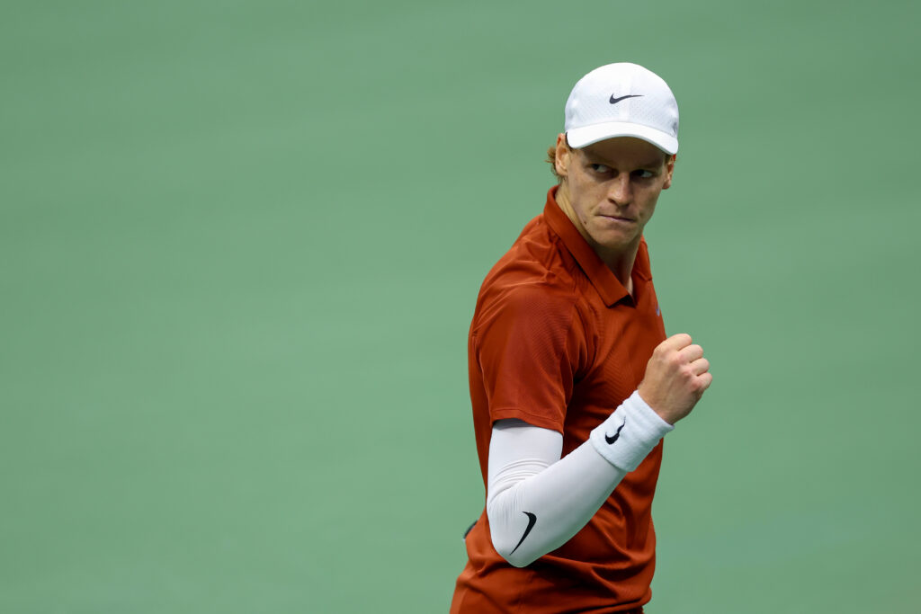 Jannik Sinner of Italy reacts against Carlos Alcaraz of Spain during their Men's Singles Final match on Day Fifteen of the 2025 US Open at USTA Billie Jean King National Tennis Center on September 07, 2025 in New York City.