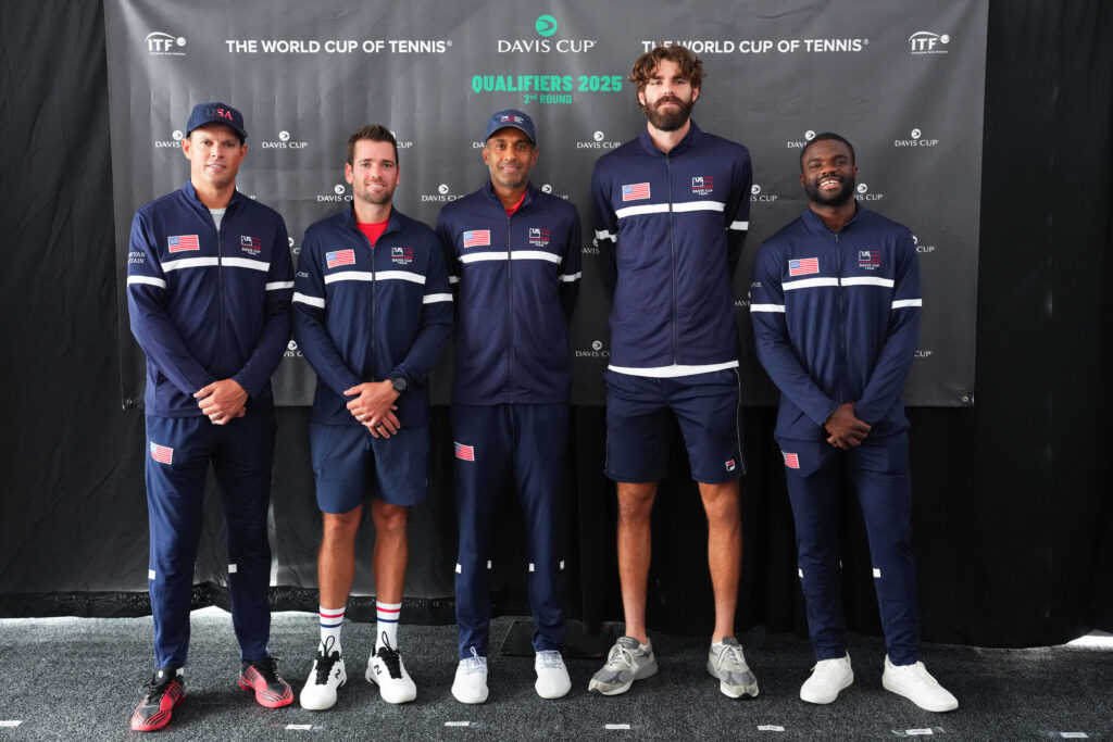 Bob Bryan, Austin Krajieck, Rajeev Ram, Reilly Opelka and Frances Tiafoe of Team USA pose