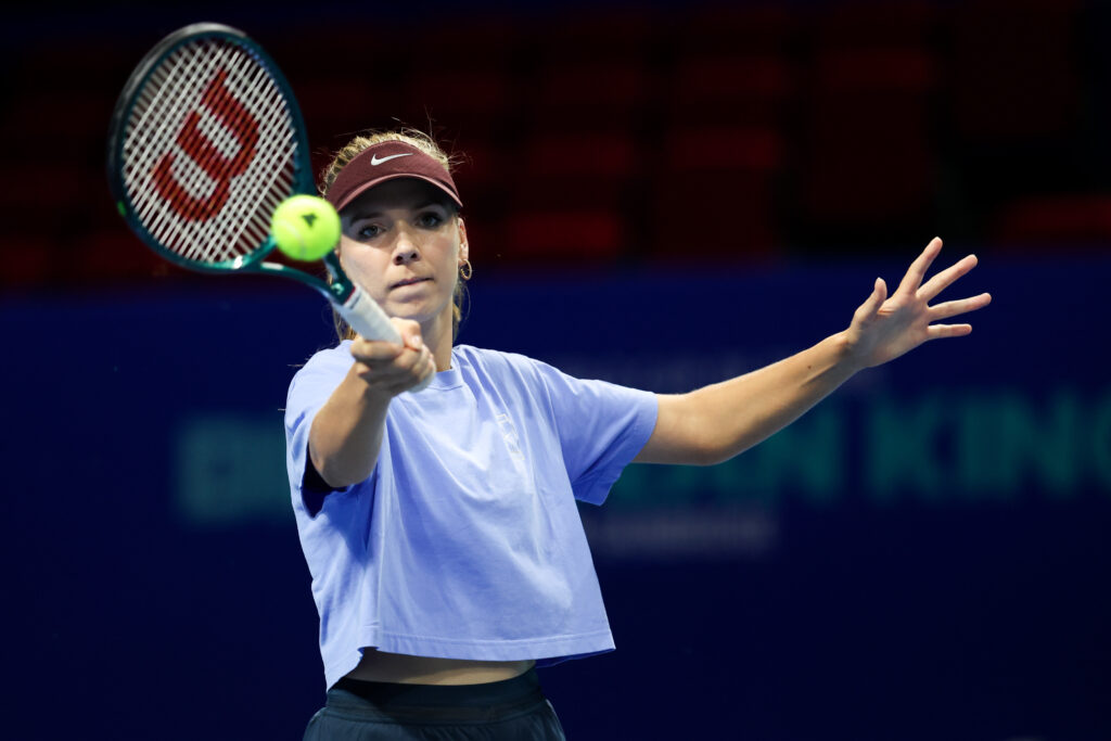Katie Boulter of Great Britain practices during training session prior to the Billie Jean King Cup by Gainbridge Finals 2025 at Shenzhen Bay Sports Centre Arena on September 13, 2025 in Shenzhen, China.