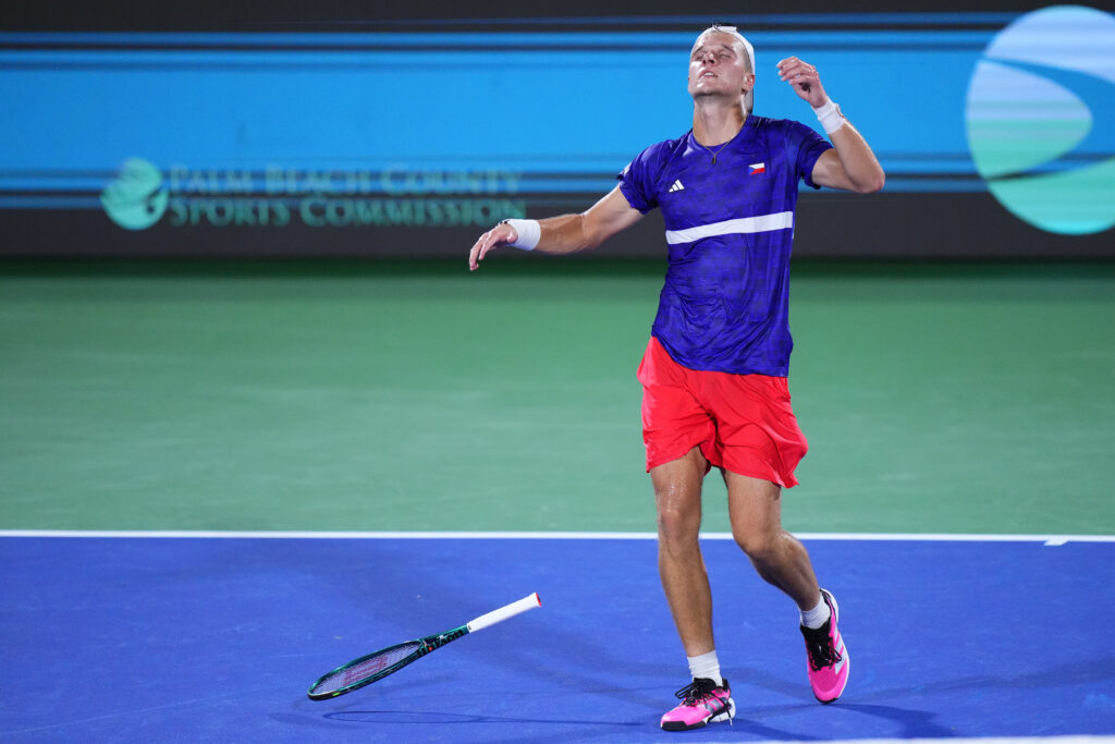 Jakub Mensik of Team Czechia reacts after defeating Frances Tiafoe of Team USA during the 2025 Davis Cup Qualifier second round match between USA and Czechia at Delray Beach Tennis Center on September 13, 2025 in Delray Beach, Florida.