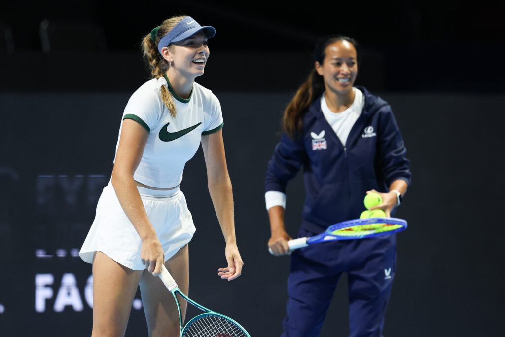 Katie Boulter of Great Britain reacts during training session prior to the Billie Jean King Cup by Gainbridge Finals 2025 at Shenzhen Bay Sports Centre Arena on September 14, 2025 in Shenzhen, China.