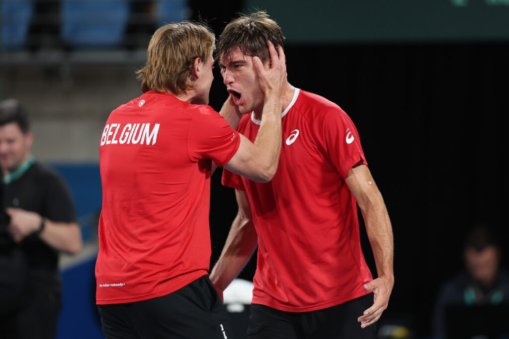Raphael Collignon of Belgium celebrates with Zizou Bergs of Belgium after winning match point against Aleksander Vukic of Australia during the 2025 Davis Cup Qualifier second round match between Australia and Belgium at Ken Rosewall Arena on September 14, 2025 in Sydney, Australia.