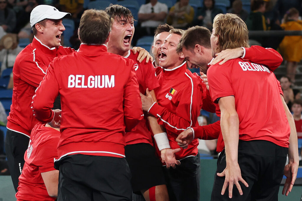 Raphael Collignon of Belgium celebrates winning match point against Aleksander Vukic of Australia during the 2025 Davis Cup Qualifier second round match between Australia and Belgium at Ken Rosewall Arena on September 14, 2025 in Sydney, Australia.