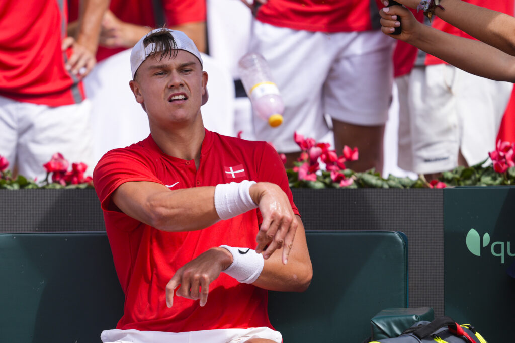 Holger Rune of Denmark gestures against Pedro Martinez of Spain during their men’s singles tennis match to 2025 Davis Cup Qualifiers Second Round between Spain and Denmark at Club Tennis Puente Romano on September 14, 2025, in Malaga, Spain.