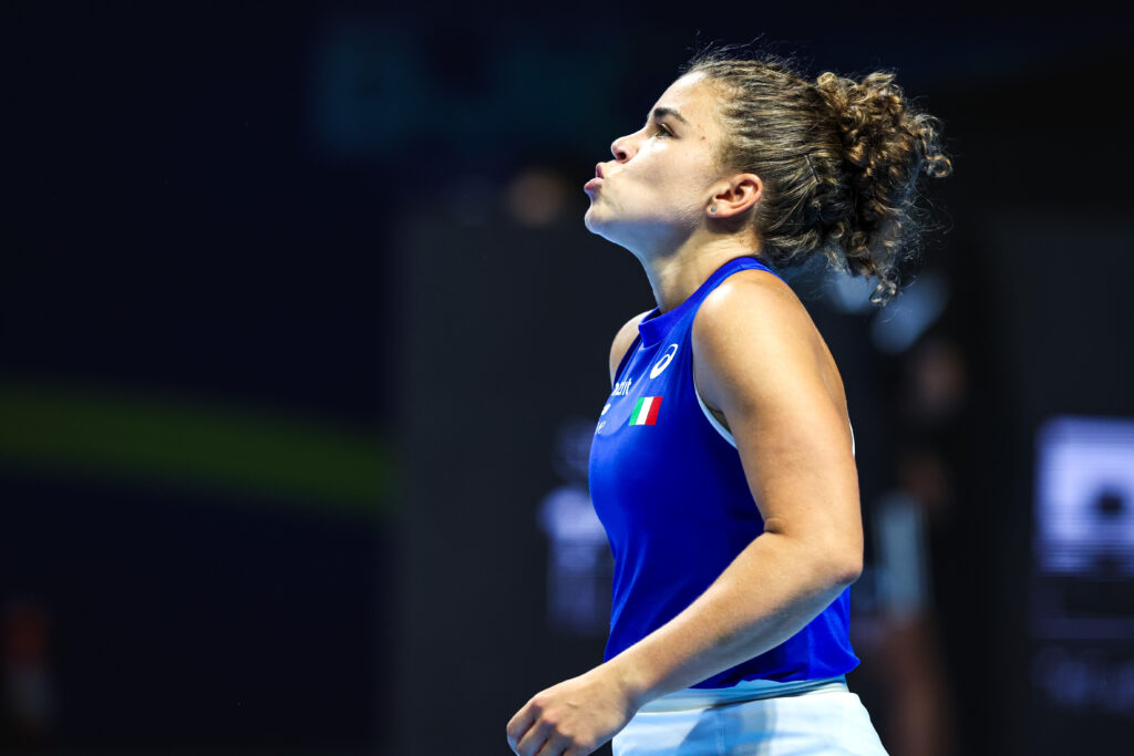 Jasmine Paolini of Italy competes against Wang Xinyu of China in the 2025 Billie Jean King Cup Finals quarterfinal match between Italy and China at Shenzhen Bay Sports Centre Arena on September 16, 2025 in Shenzhen, Guangdong Province of China.