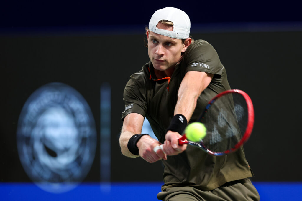 Zizou Bergs of Belgium competes against Juncheng Shang of China during men's singles first round at Sichuan International Tennis Center on September 17, 2025 in Chengdu, China.