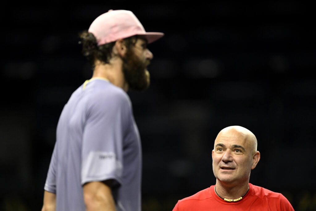 Reilly Opelka and Andre Agassi during Laver Cup 2025 practice