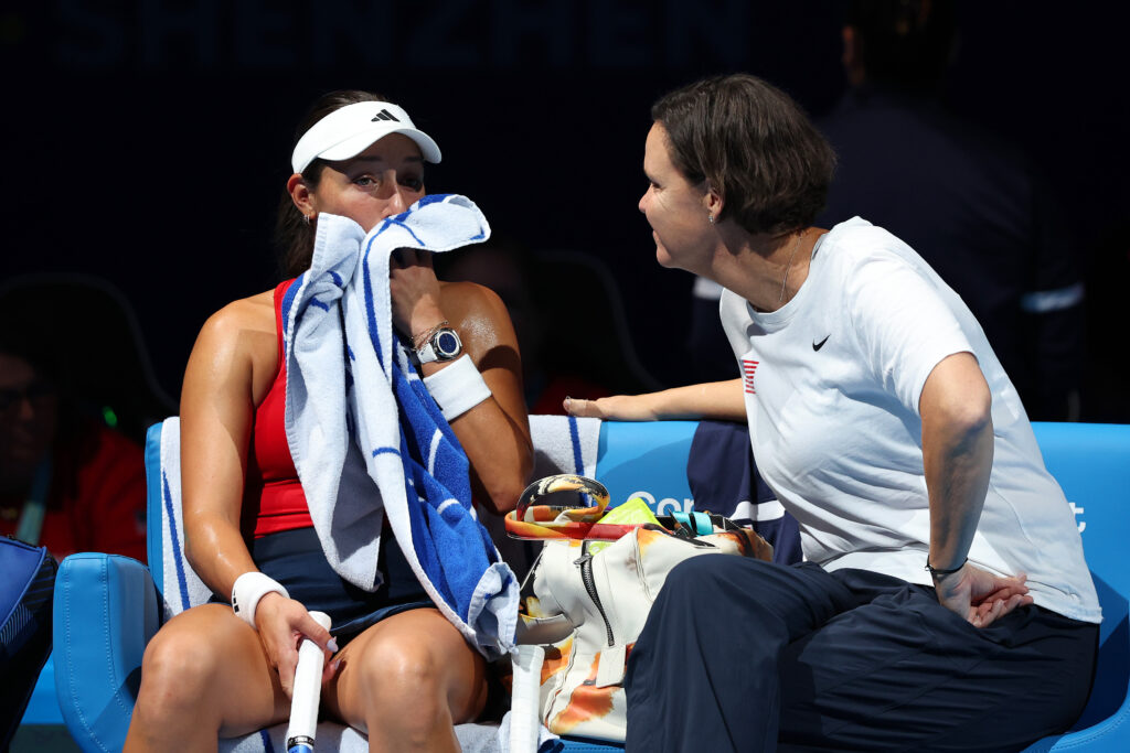 Jessica Pegula of United States talks to Lindsay Davenport, captain of United States during match 2 against Elena Rybakina of Kazakhstan in the Billie Jean King Cup by Gainbridge Finals 2025, Quarter-Final match between Kazakhstan and USA at Shenzhen Bay Sports Centre Arena on September 18, 2025 in Shenzhen, China.