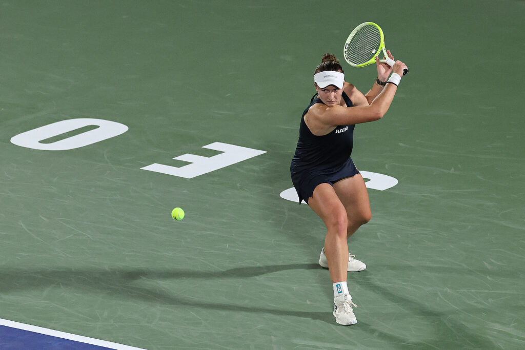 Barbora Krejcikova of Czechia returns a shot against Emma Raducanu of Great Britain in the women's singles round of 16 match during day four of the Korea Open Tennis Championship 2025 presented by Motiva at Seoul Olympic Park Tennis Center on September 18, 2025 in Seoul, South Korea.