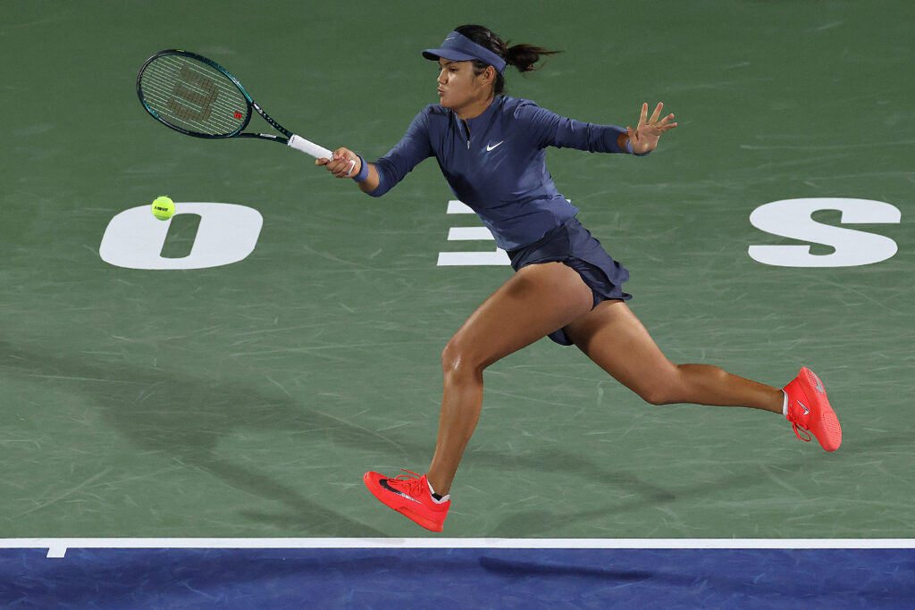 Emma Raducanu of Great Britain returns a shot against Barbora Krejcikova of Czechia in the women's singles round of 16 match during day four of the Korea Open Tennis Championship 2025 presented by Motiva at Seoul Olympic Park Tennis Center on September 18, 2025 in Seoul, South Korea.