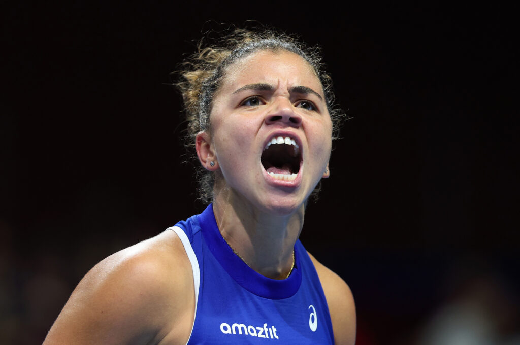 Jasmine Paolini of Italy celebrates after scoring a point during match 2 against Elina Svitolina of Ukraine in the Billie Jean King Cup by Gainbridge Finals 2025, Semi-Final match between Italy and Ukraine at Shenzhen Bay Sports Centre Arena on September 19, 2025 in Shenzhen, China.