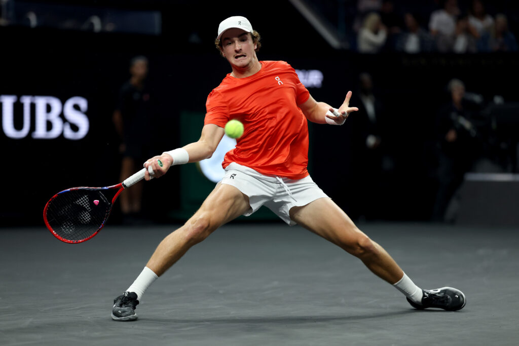 Joao Fonseca of Team World returns a shot against Flavio Cobolli of Team Europe during day one of Laver Cup 2025 at Chase Center on September 19, 2025 in San Francisco, California.