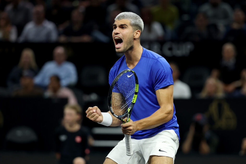 Carlos Alcaraz of Team Europe reacts in a match with Jakub Mensik of Team Europe against Taylor Fritz of Team World and Alex Michelsen of Team World during day one of Laver Cup 2025 at Chase Center on September 19, 2025 in San Francisco, California.