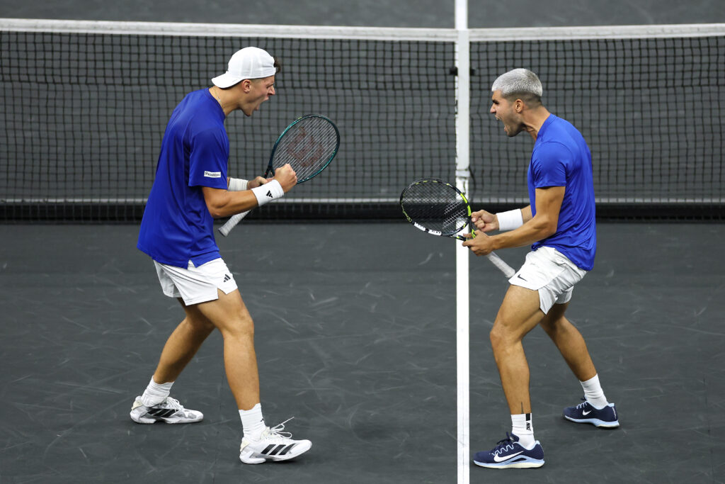 Jakub Mensik and Carlos Alcaraz celebrating their win at the 2025 Laver Cup