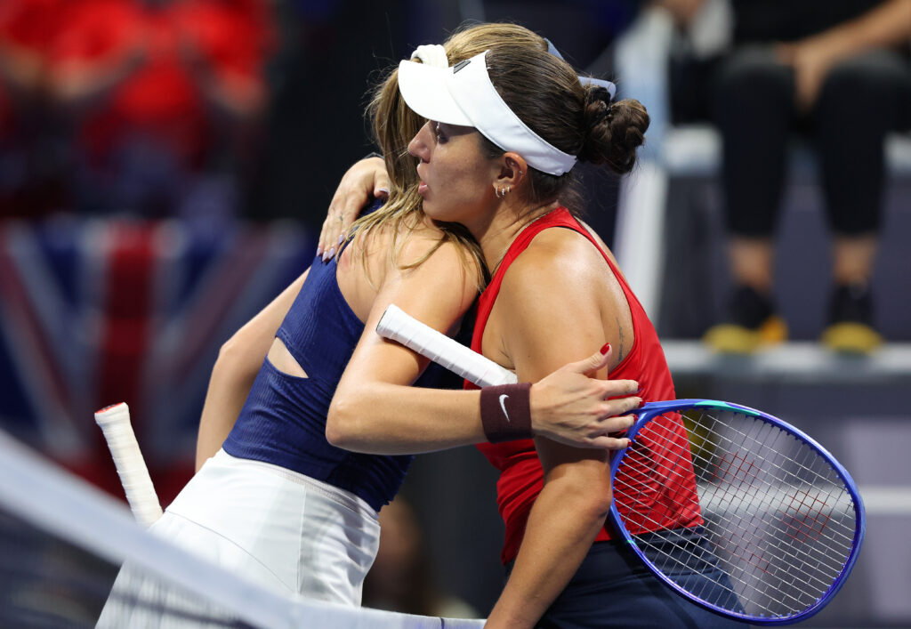 Jessica Pegula of United States is congratulated by Katie Boulter of Great Britain after winning match 2 against in the Billie Jean King Cup by Gainbridge Finals 2025, Semi-Final match between USA and Great Britain at Shenzhen Bay Sports Centre Arena on September 20, 2025 in Shenzhen, China.