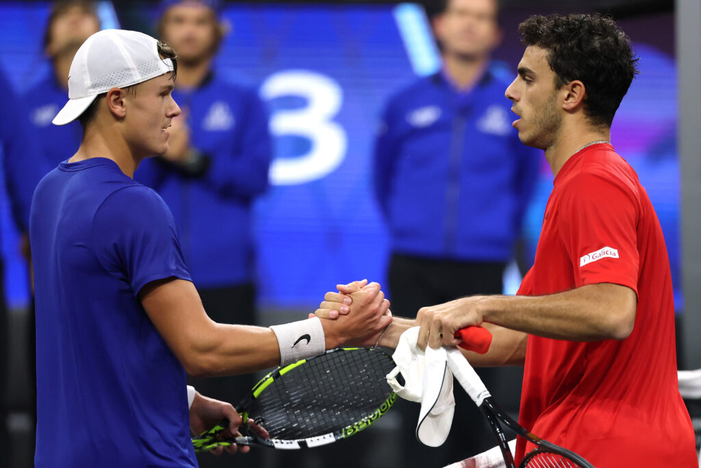 Francisco Cerundolo of Team World (R) greets Holger Rune of Team Europe following their match during day two of Laver Cup 2025 at Chase Center on September 20, 2025 in San Francisco, California.