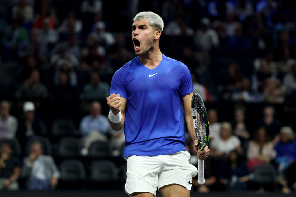 Carlos Alcaraz of Team Europe reacts against Taylor Fritz of Team World during day two of Laver Cup 2025 at Chase Center on September 20, 2025 in San Francisco, California.