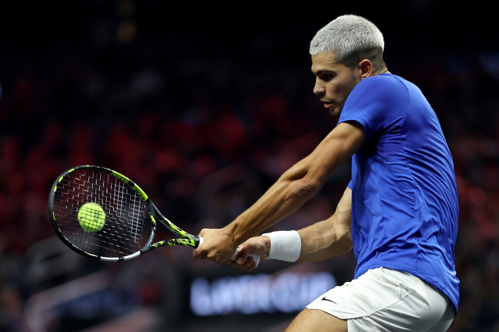 Carlos Alcaraz hitting the ball at the Laver Cup 2025