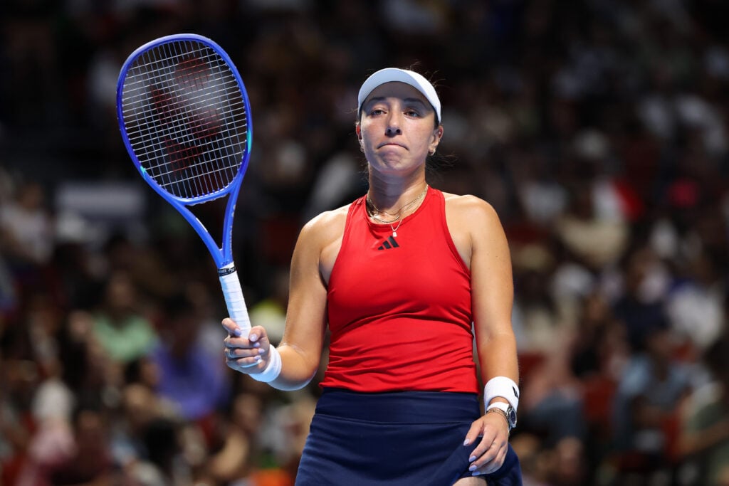 Jessica Pegula of United States reacts during match 2 against Jasmine Paolini of Italy in the Billie Jean King Cup by Gainbridge Finals 2025, Final match between Italy and USA at Shenzhen Bay Sports Centre Arena on September 21, 2025 in Shenzhen, China.