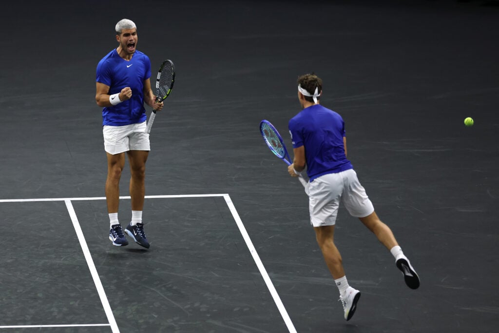 (L-R) Carlos Alcaraz of Team Europe and Casper Ruud of Team Europe celebrate against Reilly Opelka of Team World and Alex Michelsen of Team World during day three of Laver Cup 2025 at Chase Center on September 21, 2025 in San Francisco, California.