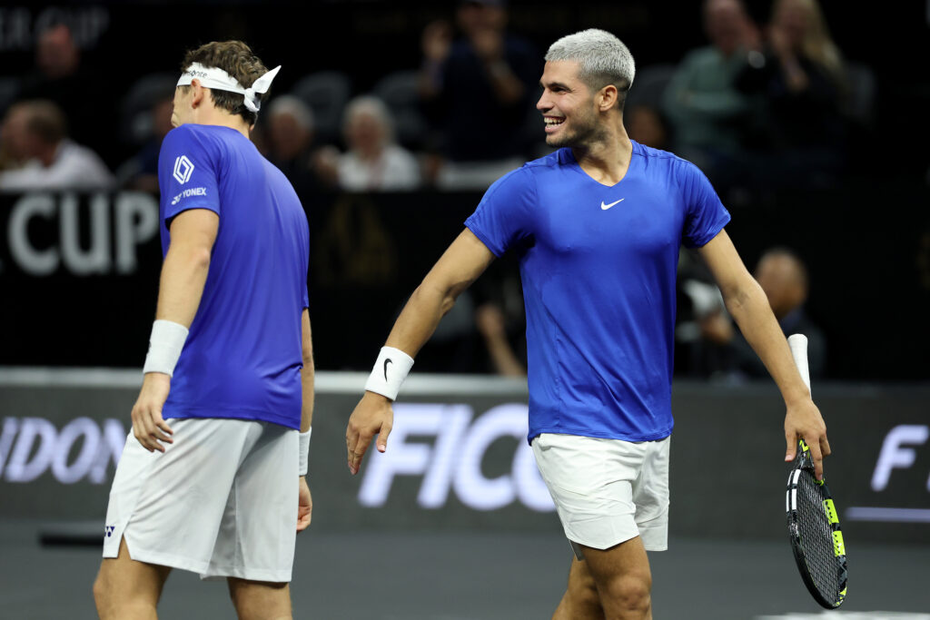 Carlos Alcaraz (R) of Team Europe and Casper Ruud of Team Europe react against Reilly Opelka of Team World and Alex Michelsen of Team World during day three of Laver Cup 2025 at Chase Center on September 21, 2025 in San Francisco, California.