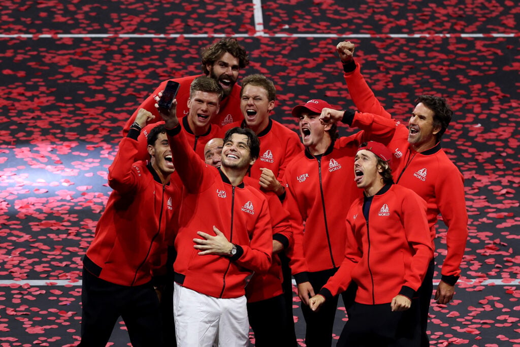 Taylor Fritz of Team World (C) takes a selfie of Team World after defeating Team Europe to win Laver Cup 2025 during day three at Chase Center on September 21, 2025 in San Francisco, California.