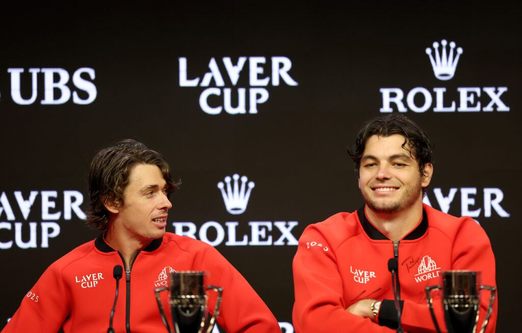 Alex De Minaur and Taylor Fritz of Team World speak with the media after defeating Team Europe to win Laver Cup 2025 during day three at Chase Center on September 21, 2025 in San Francisco, California.