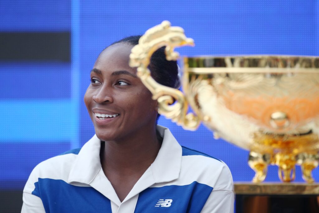 Coco Gauff of the United States attends the draw ceremony of the 2025 China Open at the National Tennis Center on September 22, 2025 in Beijing, China.