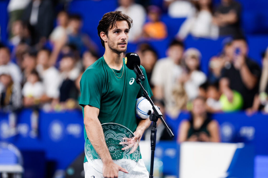 Lorenzo Musetti of Italy reacts after losing the Single's final match against Alejandro Tabilo of Chile on Day 8 of 2025 ATP Chengdu Open at Sichuan International Tennis Centre on September 23, 2025 in Chengdu, China.