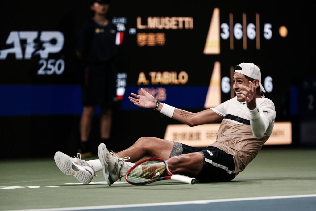 Alejandro Tabilo of Chile celebrates after winning the Men's Singles final match against Lorenzo Musetti of Italy on Day 8 of 2025 ATP Chengdu Open at Sichuan International Tennis Centre on September 23, 2025 in Chengdu, Sichuan Province of China.