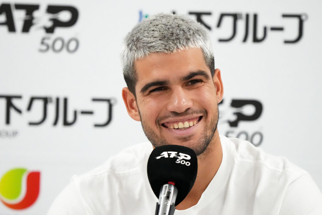 Carlos Alcaraz of Spain speaks to members of the media on day one of Kinoshita Group Japan Open at Ariake Colosseum on September 24, 2025 in Tokyo, Japan.