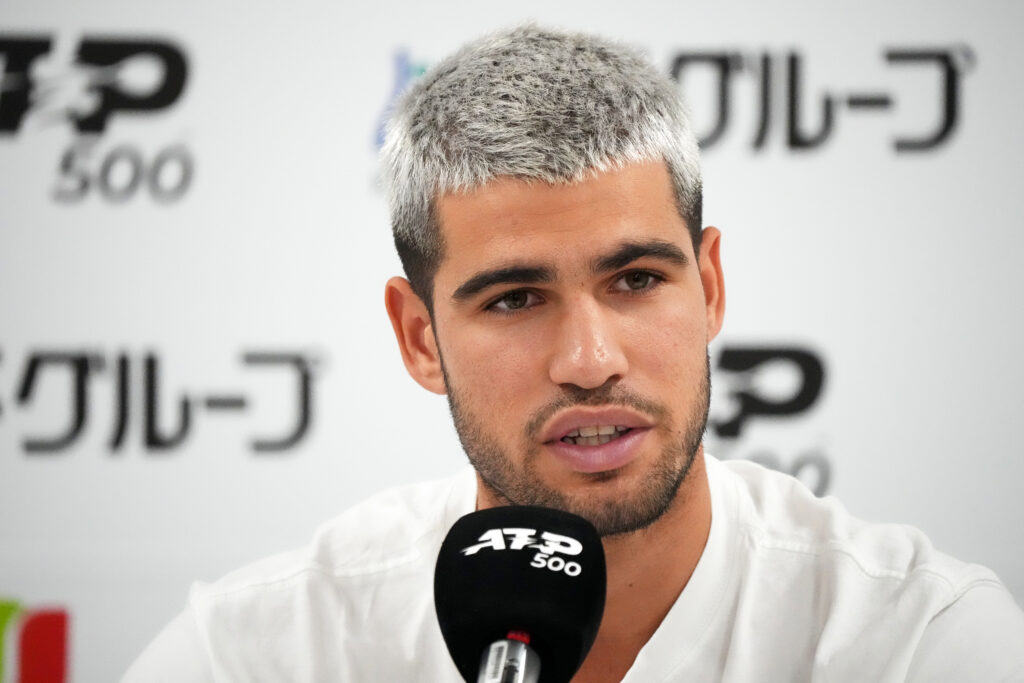 Carlos Alcaraz of Spain speaks to members of the media on day one of Kinoshita Group Japan Open at Ariake Colosseum on September 24, 2025 in Tokyo, Japan.
