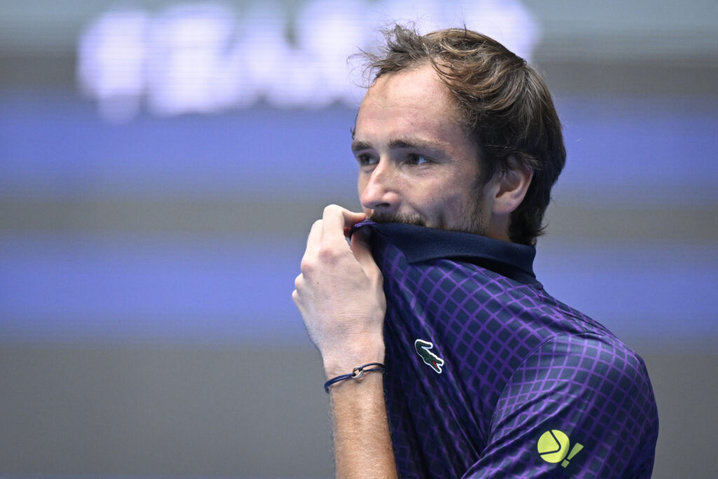 Russia's Daniil Medvedev prepares to play a point against Britain's Cameron Norrie during their men's singles match at the China Open tennis tournament in Beijing on September 26, 2025.