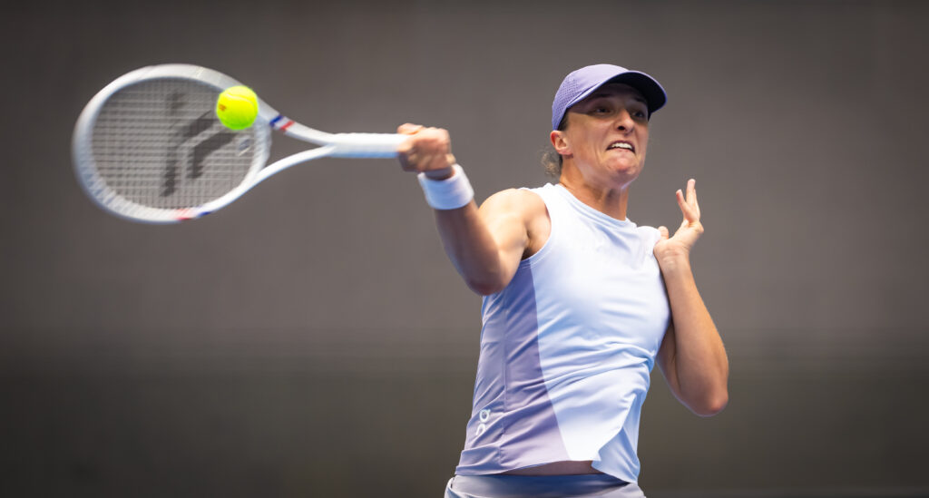 Iga Swiatek of Poland in action against Yue Yuan of China in the second round on Day 6 of the China Open at National Tennis Center on September 27, 2025 in Beijing, China.