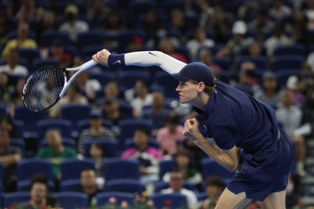 Jannik Sinner of Italy plays a shoot in the Men's Singles First Round match against Marin Cilic of Croatia on day 4 of 2025 China Open at National Tennis Center on September 25, 2025 in Beijing, China.