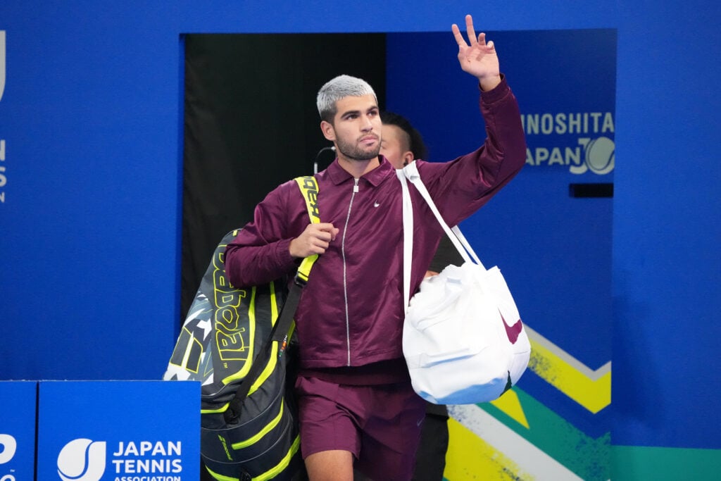 Carlos Alcaraz of Spain looks on against Brandon Nakashima of the United States during the Singles Round of 8 on day five of Kinoshita Group Japan Open at Ariake Colosseum on September 28, 2025 in Tokyo, Japan.