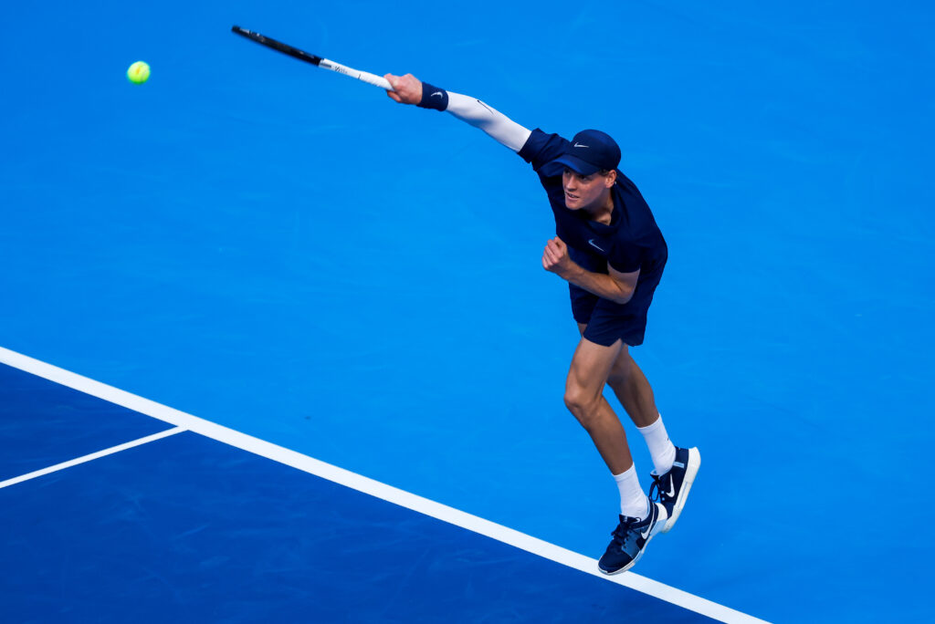 Jannik Sinner of Italy competes in the Men's Singles Semifinal match against Alex De Minaur of Australia on day 9 of the 2025 China Open at the National Tennis Center on September 30, 2025 in Beijing, China.