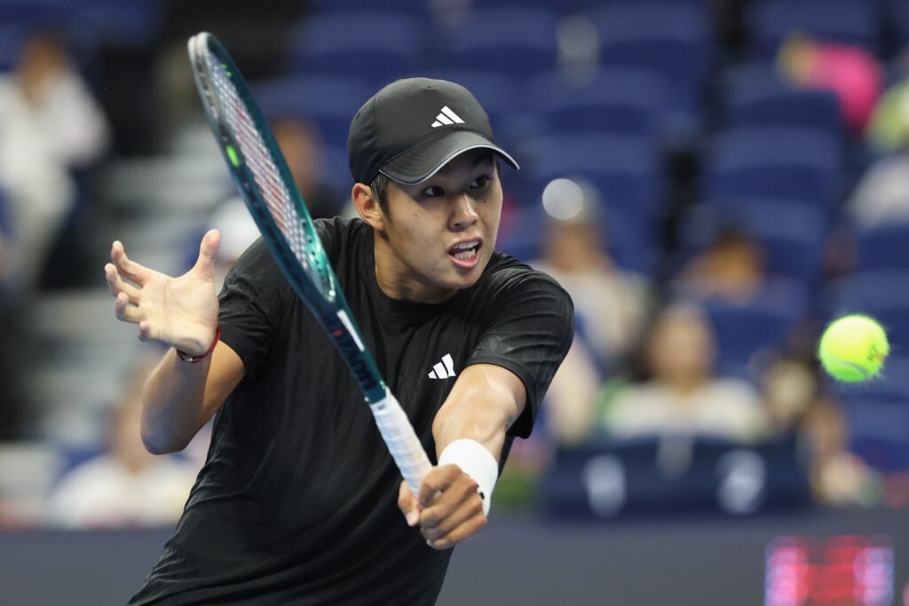 Learner Tien of the United States plays a shoot against Daniil Medvedev in the Men's Singles Semifinal match on day 9 of the 2025 China Open at National Tennis Center on September 30, 2025 in Beijing, China.