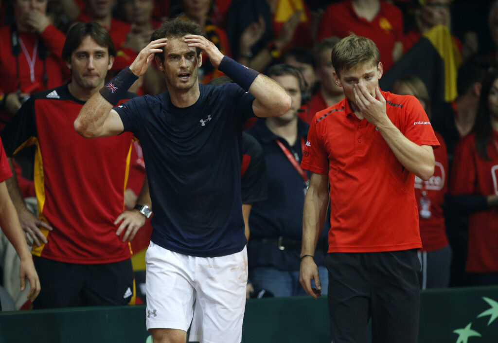 Andy Murray of Great Britain celebrates winning his singles match against David Goffin of Belgium and clinching the Davis Cup on day three of the Davis Cup Final 2015 between Belgium and Great Britain at Flanders Expo on November 29, 2015 in Ghent, Belgium.
