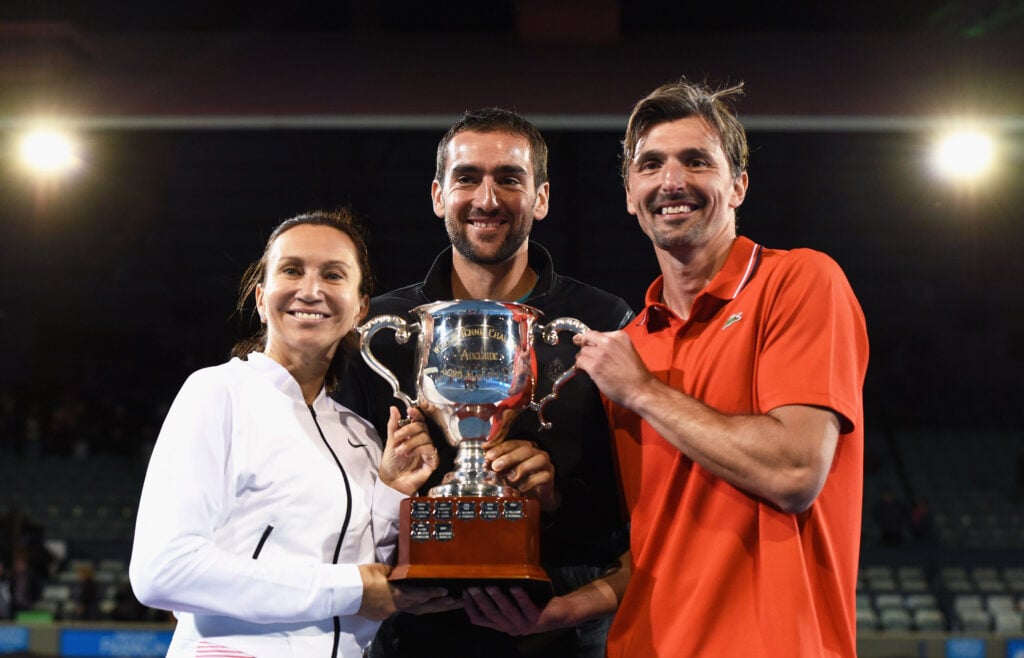 Tournament winners Iva Majoli of Croatia, Marin Cilic of Croatia and Goran Ivanisevic of Croatia of Team Ivanisevic pose for a photo with the trophy after the 2016 World Tennis Challenge match at Memorial Drive on January 14, 2016 in Adelaide, Australia.