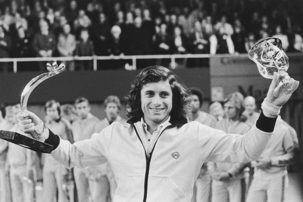 Argentine tennis player Guillermo Vilas wins the Masters Tournament in Stockholm, 4th December 1975.