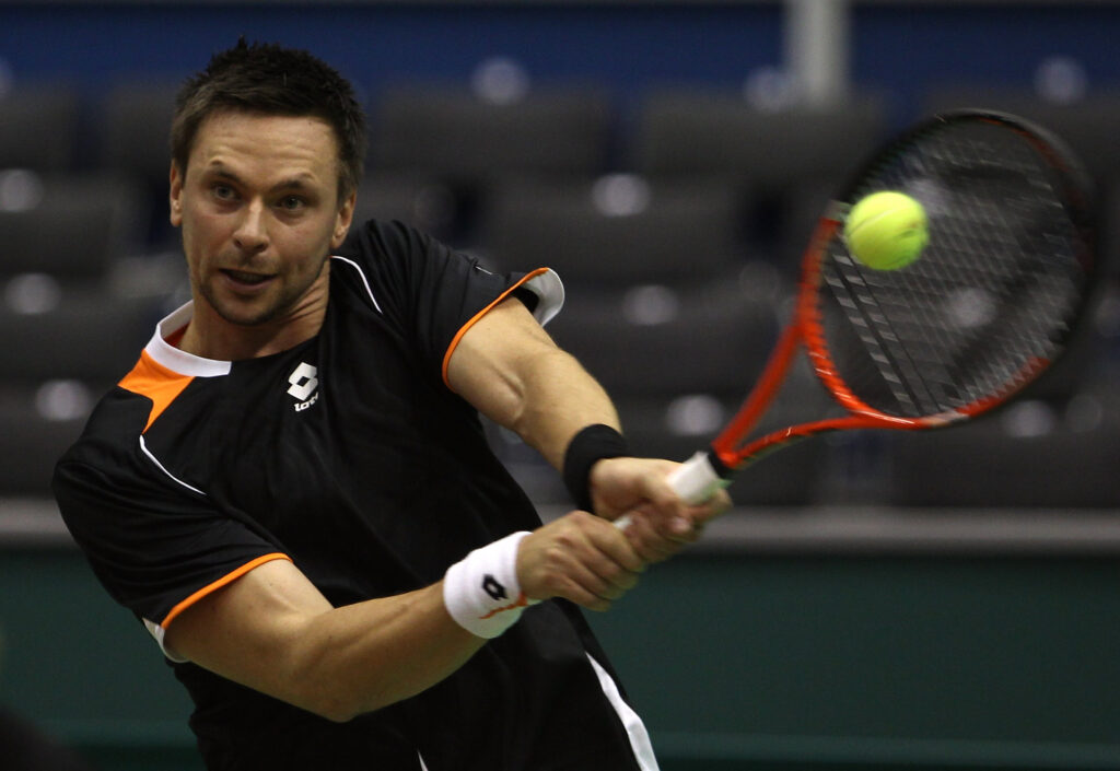 Robin Soderling of Sweden in action against Florent Serra of France during day one of the ABN AMBRO World Tennis Tournament on February 8, 2010 in Rotterdam, Netherlands.