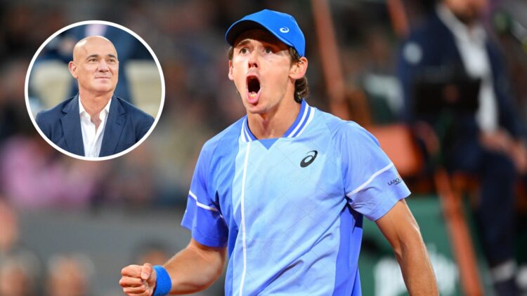 Alex De Minaur celebrating a point at the 2025 Roland Garros with an inset of Andre Agassi