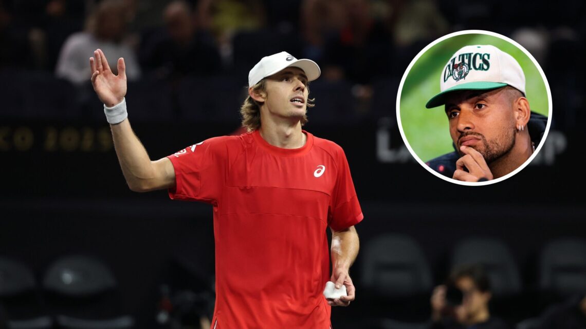 Main: Alex de Minaur waves to the crowd. Inset top right: Nick Kyrgios looks on.